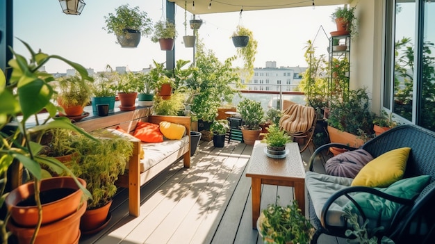 A balcony with a couch and plants on it