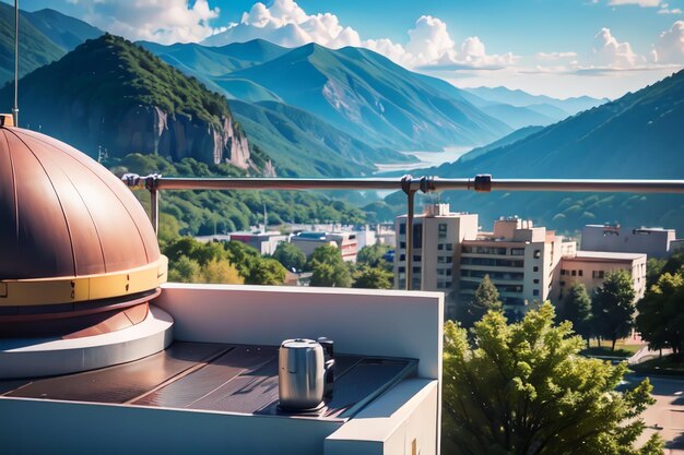 A balcony with a fire pit and mountains in the background