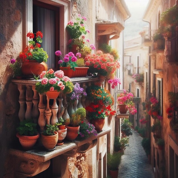 a balcony with flowers and a balcony with a balcony that says  potted
