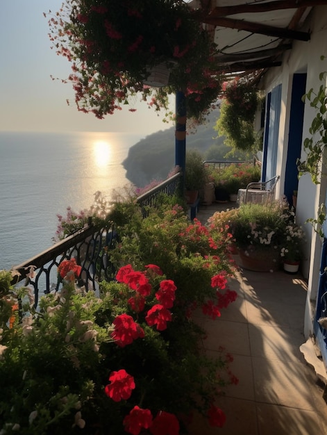 A balcony with flowers on the balcony