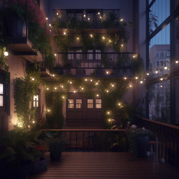 A balcony with lights and plants on the balcony