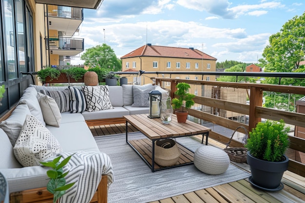 Balcony with outdoor sofa and a wooden coffee table Scandinavian style Generative AI