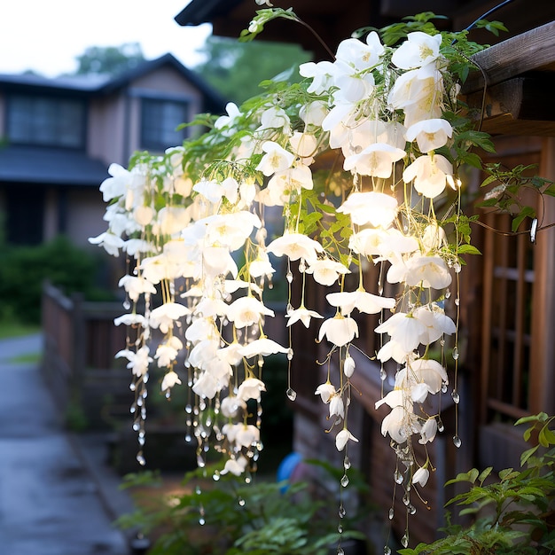 A balcony with a pink flower hanging from the ceiling Generated by AI