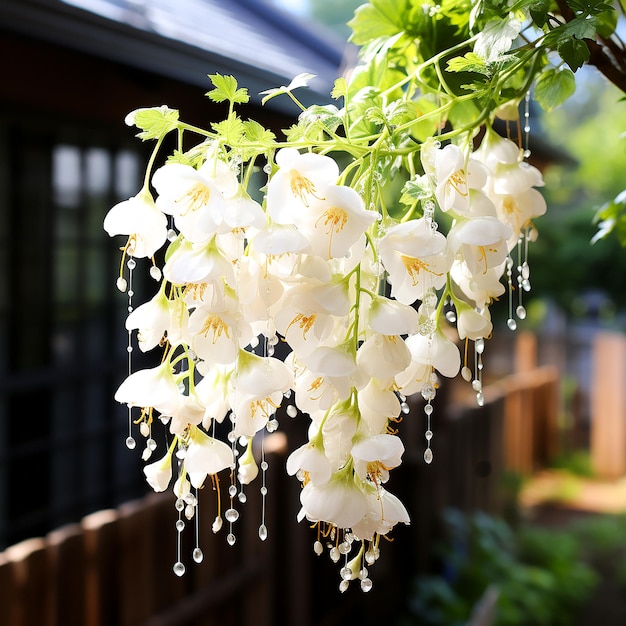 A balcony with a pink flower hanging from the ceiling Generated by AI