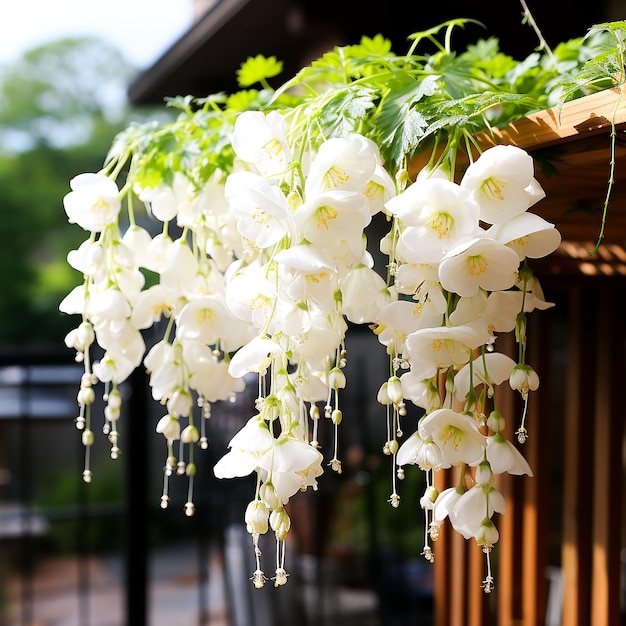 A balcony with a pink flower hanging from the ceiling Generated by AI