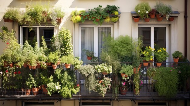 a balcony with plants on it and a balcony with a balcony with a balcony with a number of windows