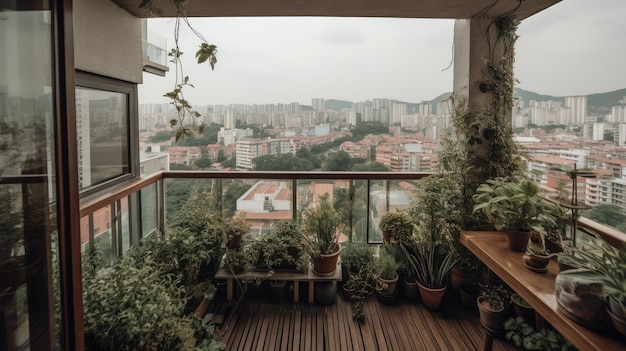 A balcony with plants and a view of the city generative ai