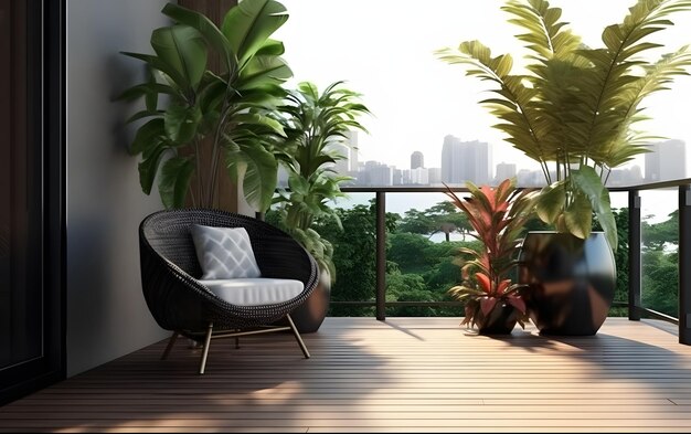 A balcony with plants and a view of the city