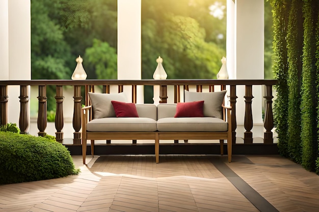 A balcony with a red pillow on the front porch.