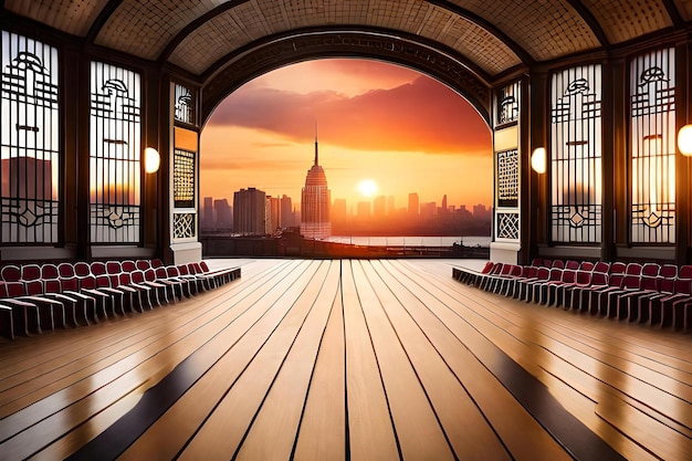 A balcony with red seats and a sunset in the background