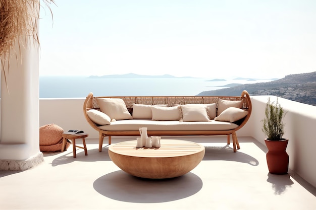 A balcony with a sofa and a table with a plant on it.