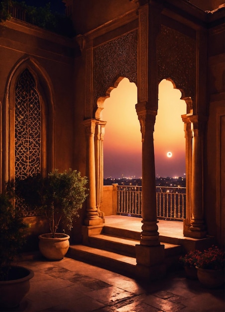 a balcony with a sunset in the background and a view of the city