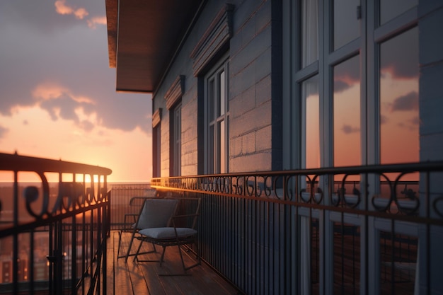 A balcony with a sunset in the background