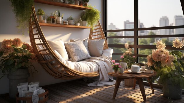 A Balcony With a Swing Chair Potted Plants and a Coffee Table