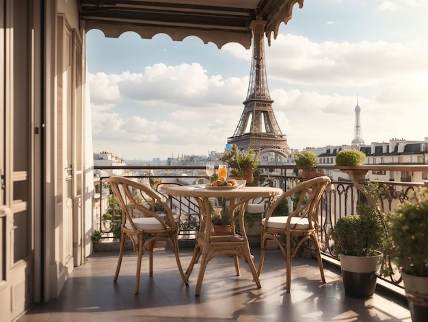 Balcony with a table and chairs overlooking the Eiffel tower