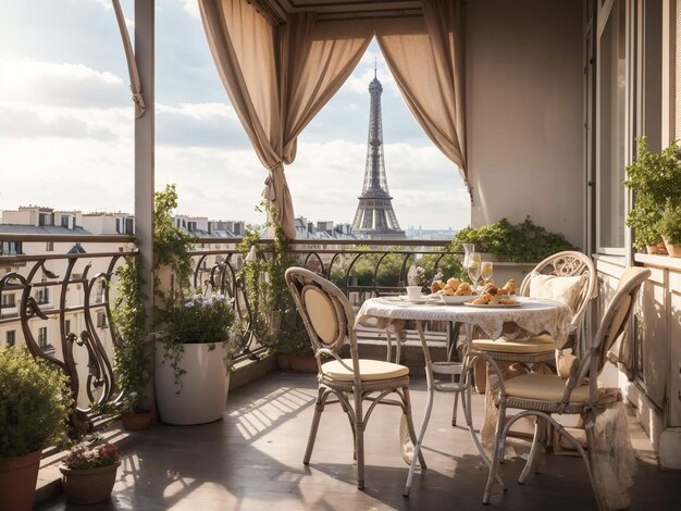 Balcony with a table and chairs overlooking the Eiffel tower