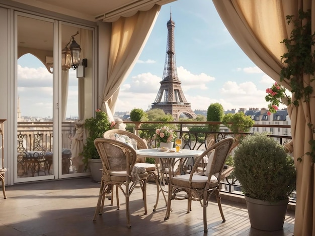 Balcony with a table and chairs overlooking the Eiffel tower