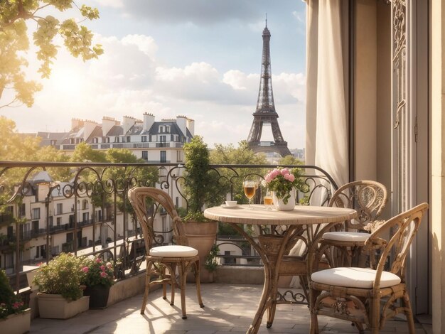 Balcony with a table and chairs overlooking the Eiffel tower