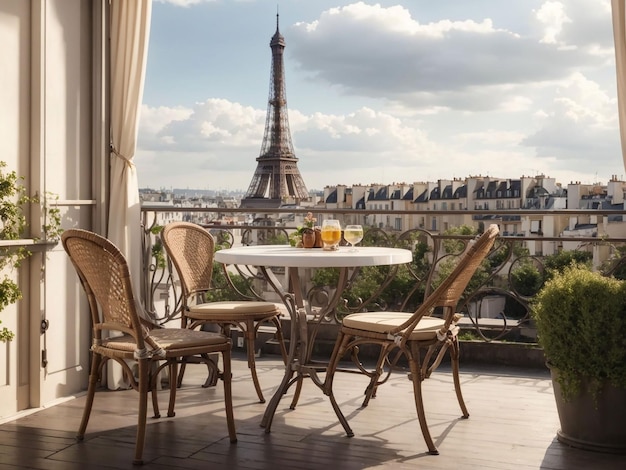 Balcony with a table and chairs overlooking the Eiffel tower