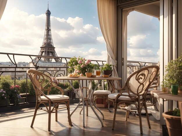 Balcony with a table and chairs overlooking the Eiffel tower