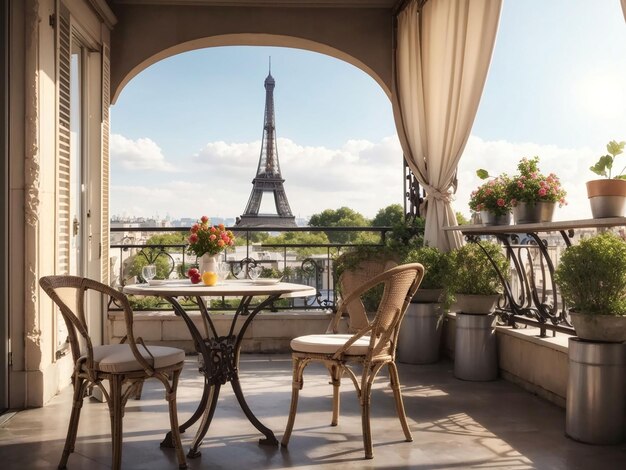 Balcony with a table and chairs overlooking the Eiffel tower