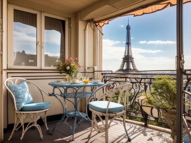 Balcony with a table and chairs overlooking the Eiffel tower