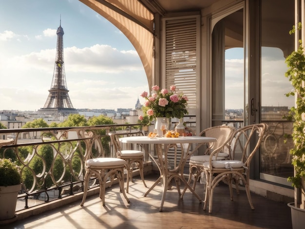 Balcony with a table and chairs overlooking the Eiffel tower