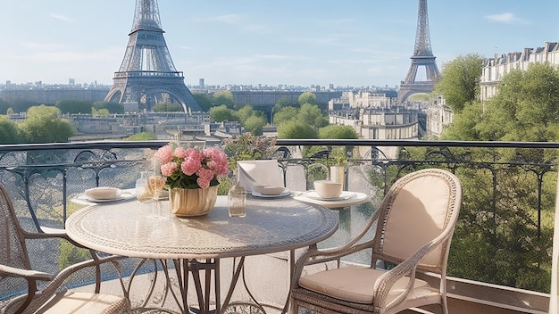 Balcony with a table and chairs overlooking the Eiffel tower