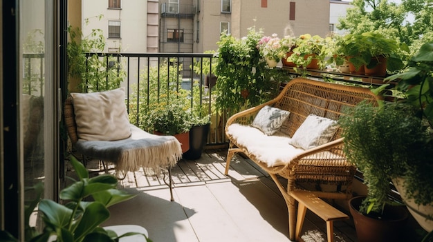 A balcony with a table and chairs and plants on it.