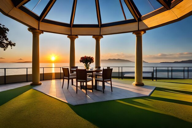 A balcony with a table and chairs and a sunset on the water