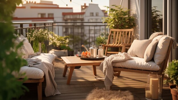 Balcony With Two Chairs and a Table With a Tray of Food