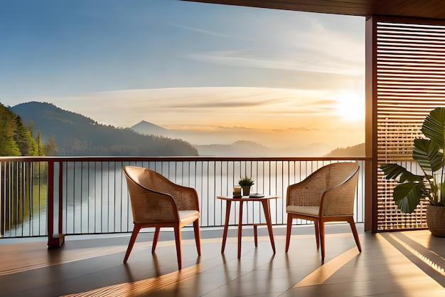 Photo a balcony with two chairs and a view of a mountain range