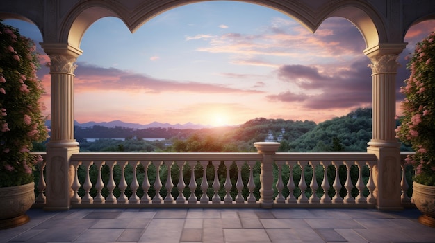 A balcony with a view of a beautiful sunset