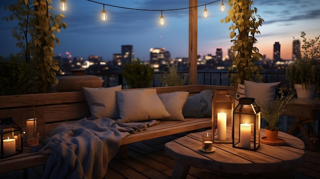 Foto un balcone con vista sulla città di notte