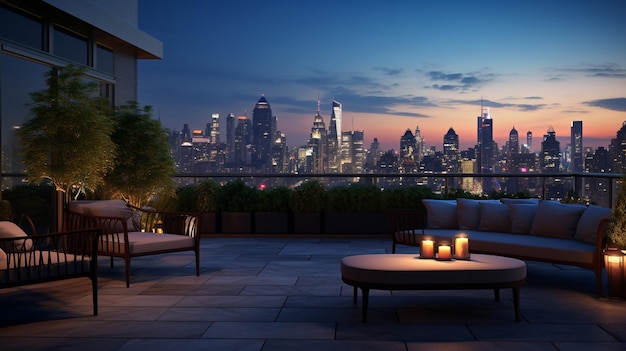 a balcony with a view of the city skyline at dusk.