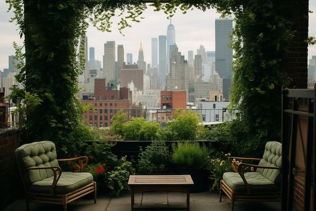 a balcony with a view of the city skyline