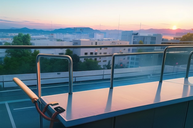 A balcony with a view of the city at sunset.