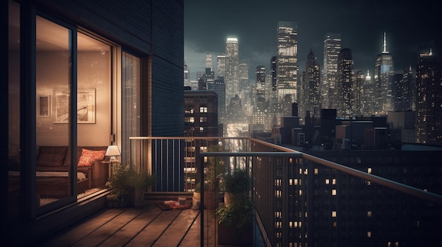 A balcony with a view of manhattan at night