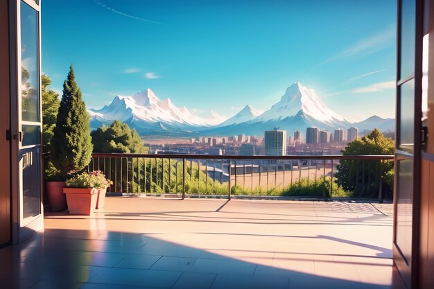 A balcony with a view of a mountain range and a blue sky