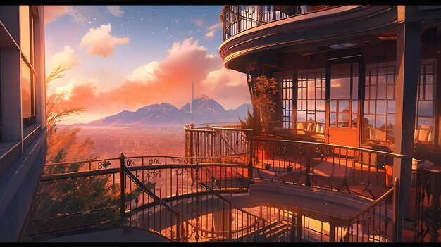 A balcony with a view of a mountain and a sunset.