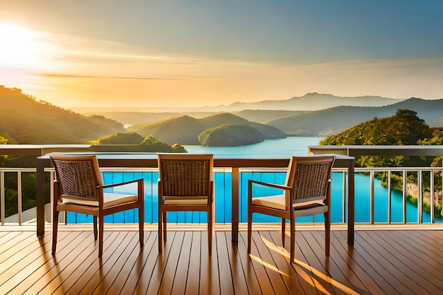 A balcony with a view of the mountains and a blue sky