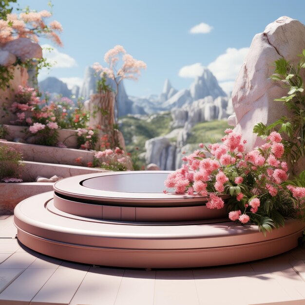 A balcony with a view of mountains and flowers