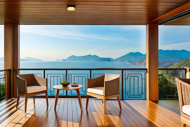 A balcony with a view of the mountains and the ocean.