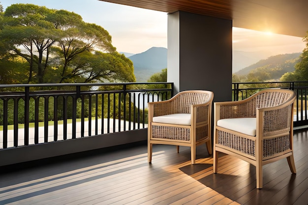 A balcony with a view of the mountains and the sea.