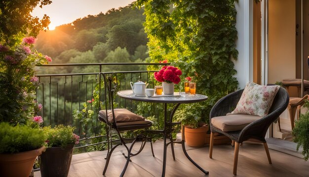 a balcony with a view of the mountains and the sun