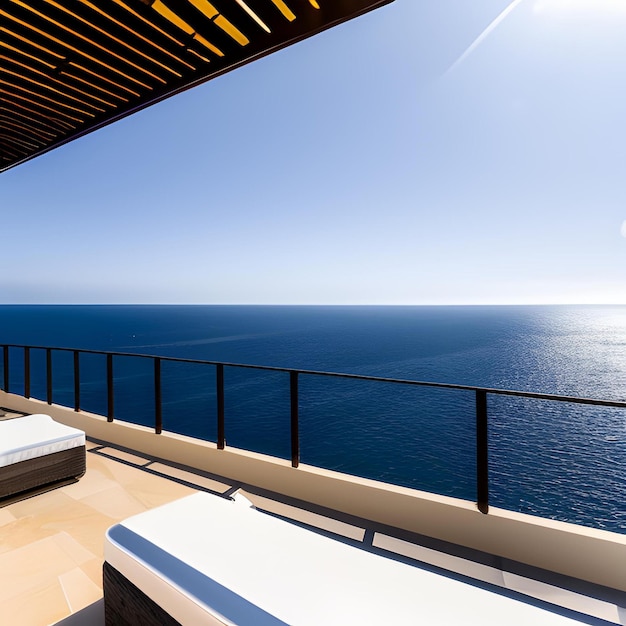 A balcony with a view of the ocean and a blue sky.