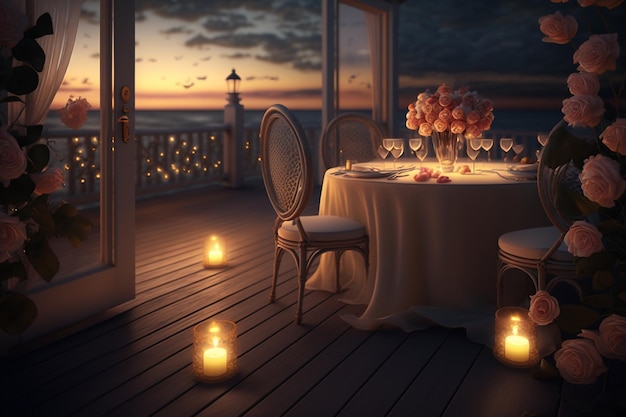 a balcony with a view of the ocean and candles.