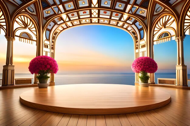 Балкон с видом на океан и цветы.