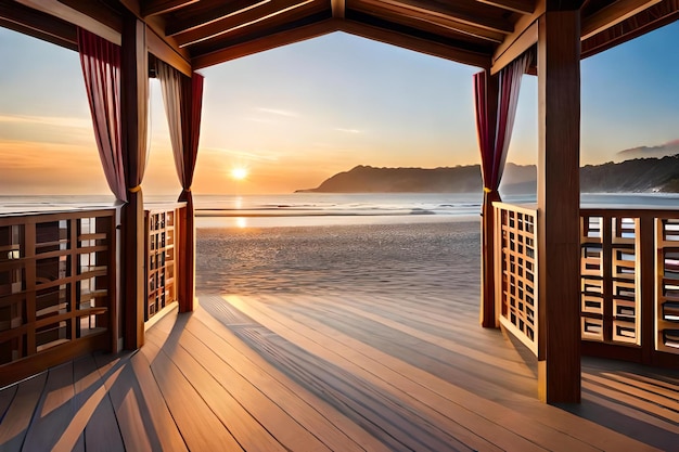 A balcony with a view of the ocean and the sun setting.