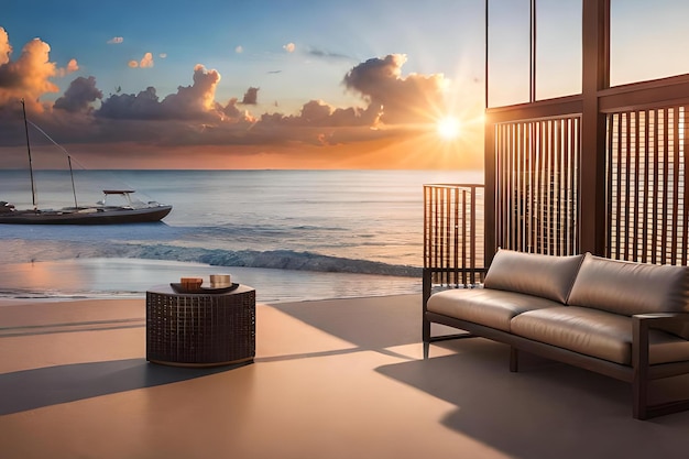A balcony with a view of the ocean and a sunset.